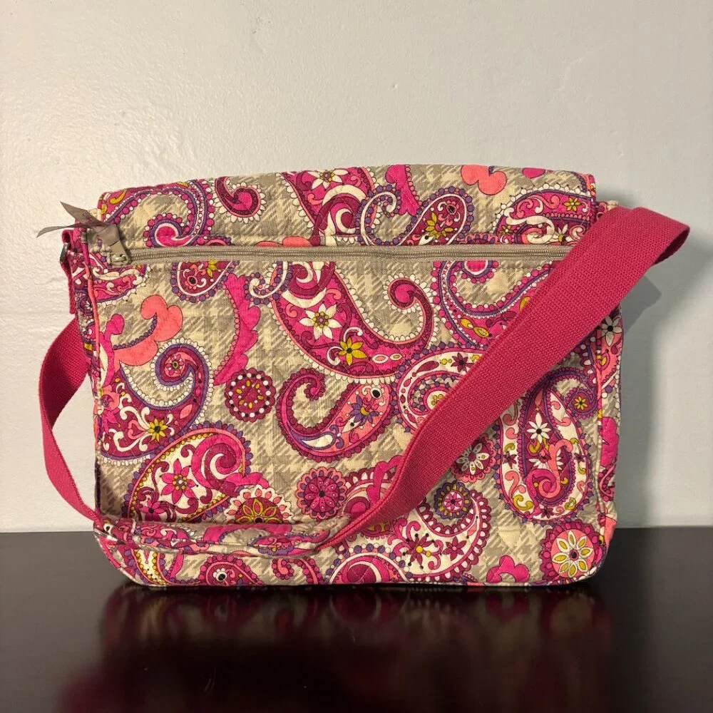 Vera Bradley Paisley Meets Plaid Pink and Gray Quilted Messenger Bag
